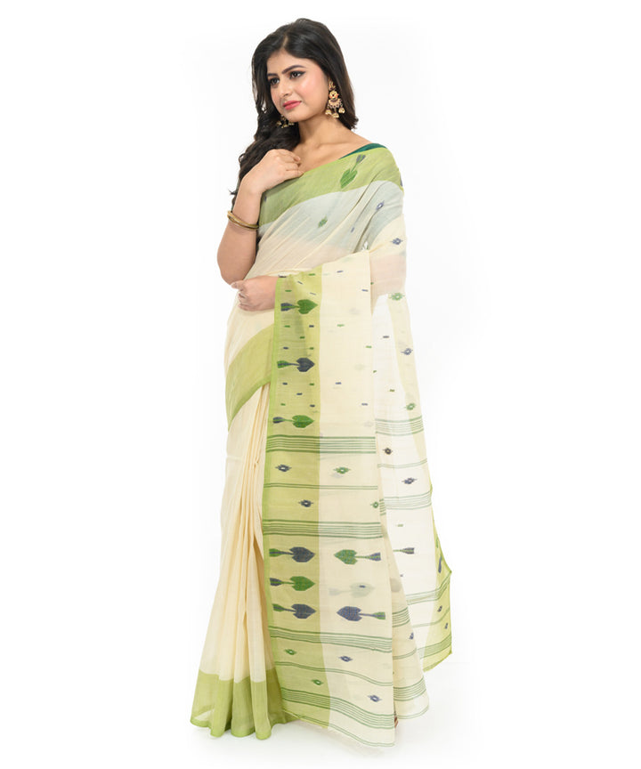 Cream light green handwoven bengal cotton saree