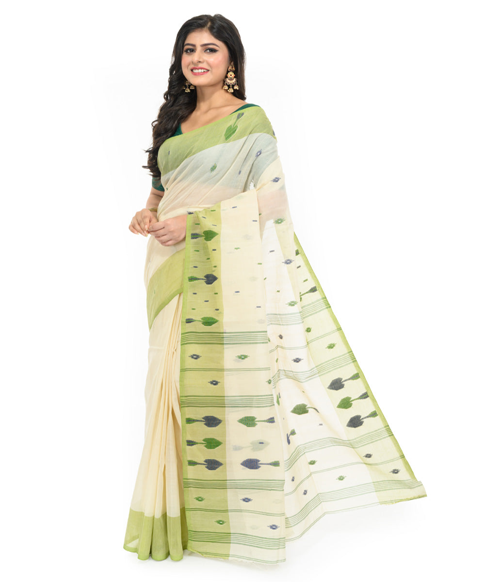 Cream light green handwoven bengal cotton saree
