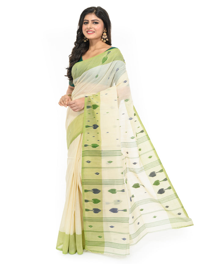 Cream light green handwoven bengal cotton saree