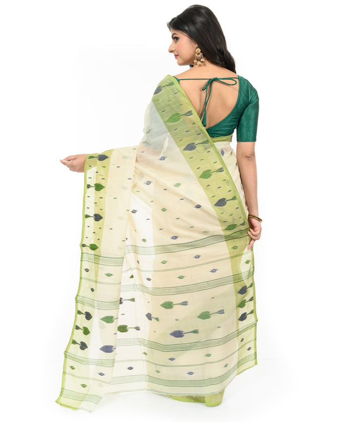 Cream light green handwoven bengal cotton saree