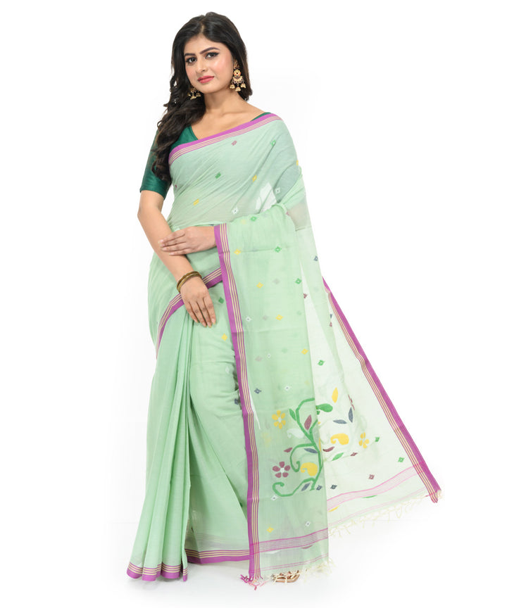 Light green magenta handwoven bengal cotton saree