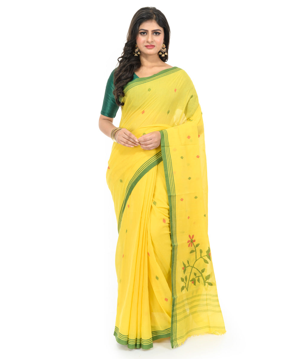 Yellow dark green handwoven bengal cotton saree