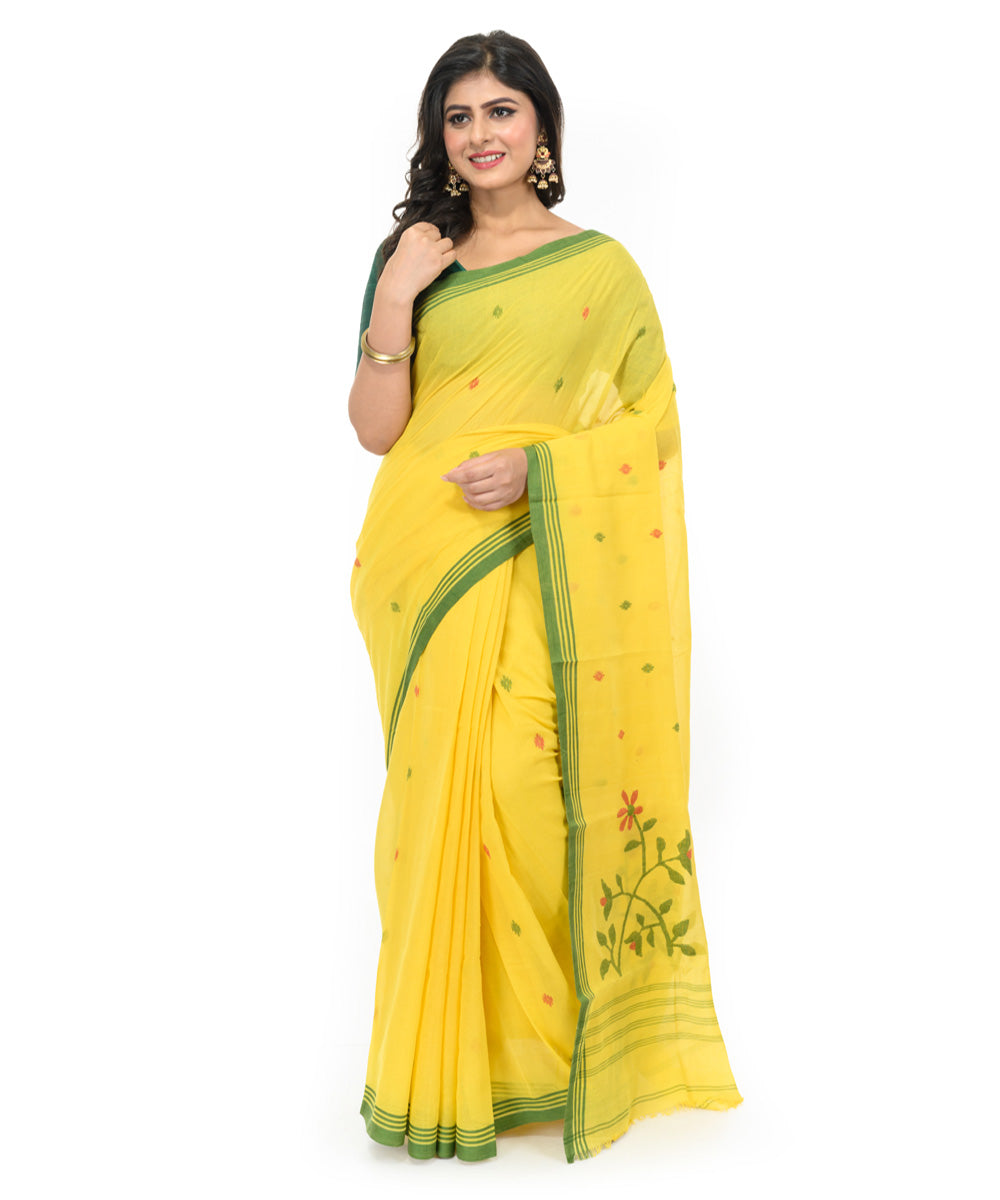 Yellow dark green handwoven bengal cotton saree