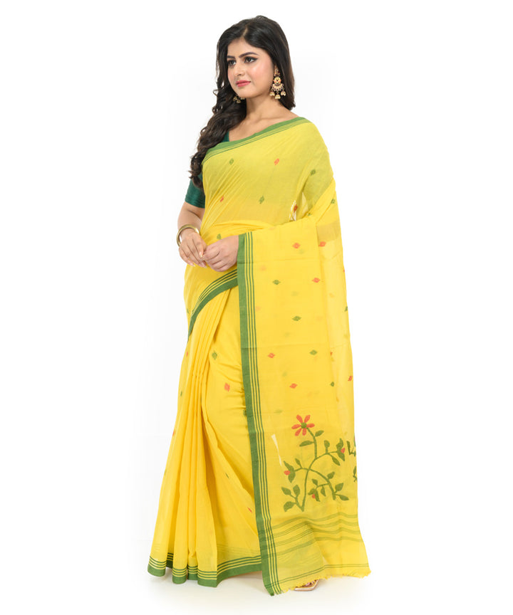Yellow dark green handwoven bengal cotton saree