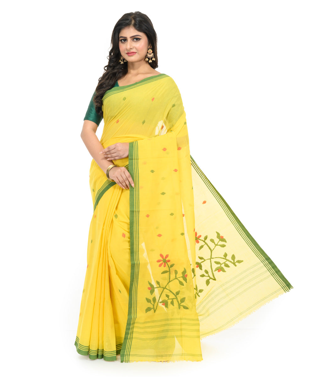 Yellow dark green handwoven bengal cotton saree