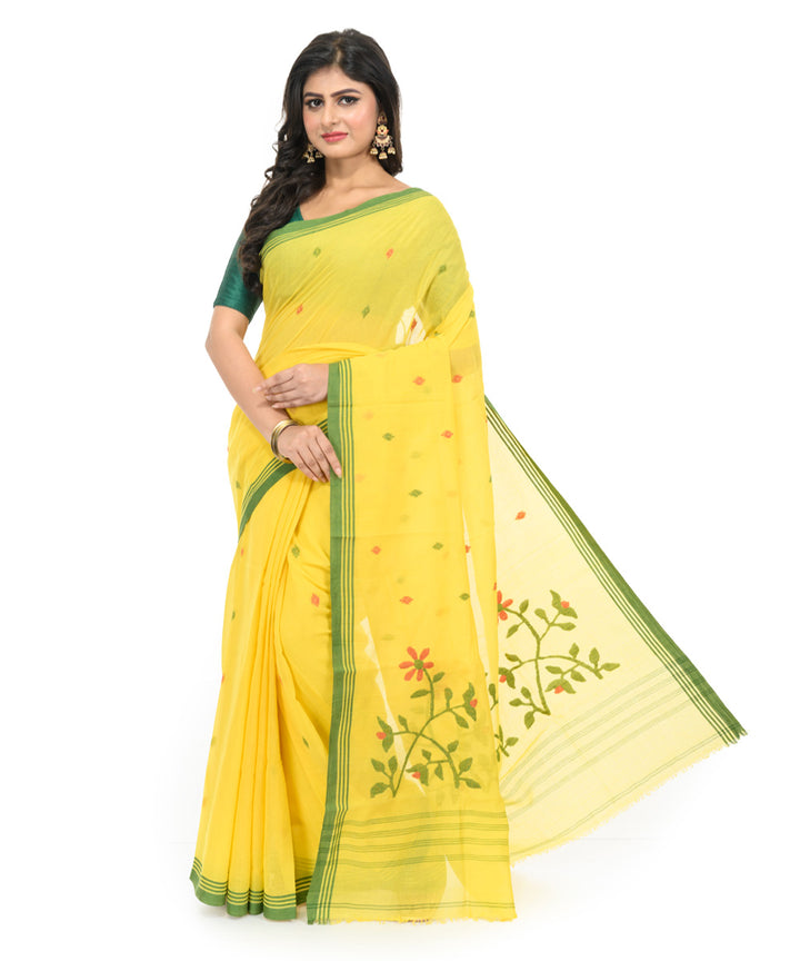 Yellow dark green handwoven bengal cotton saree
