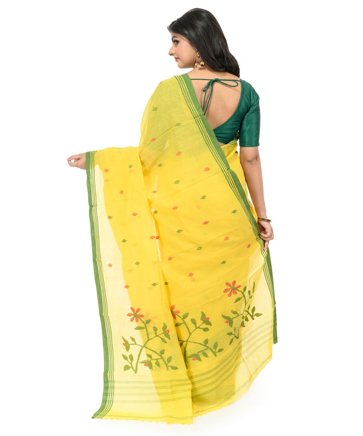 Yellow dark green handwoven bengal cotton saree