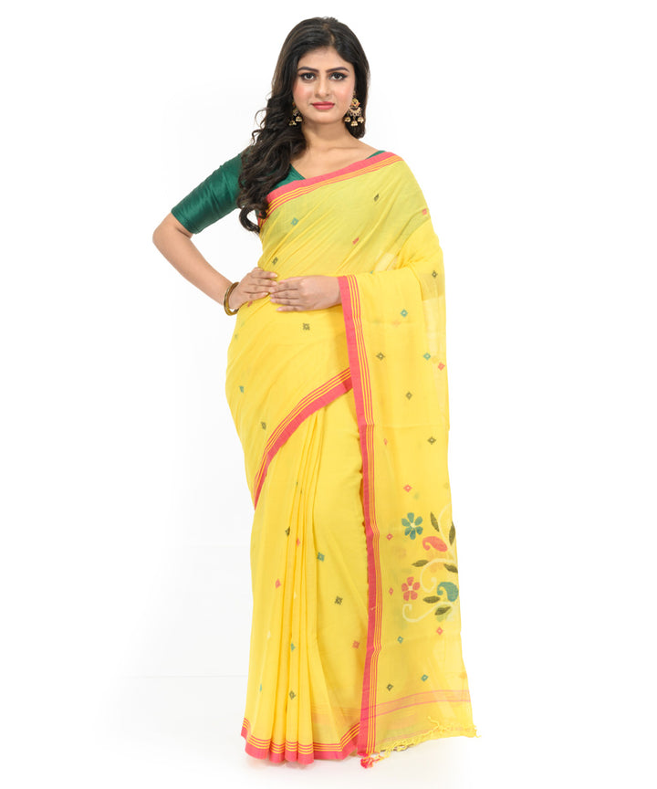 Yellow red hand woven bengal cotton saree