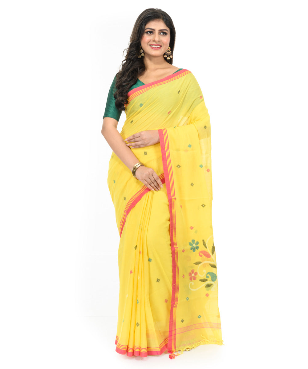 Yellow red hand woven bengal cotton saree
