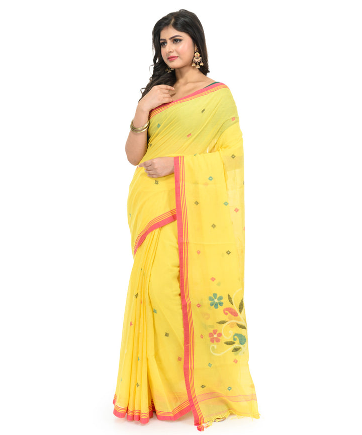 Yellow red hand woven bengal cotton saree