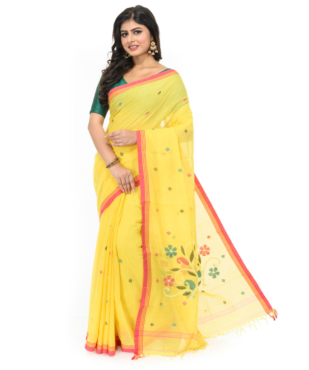 Yellow red hand woven bengal cotton saree