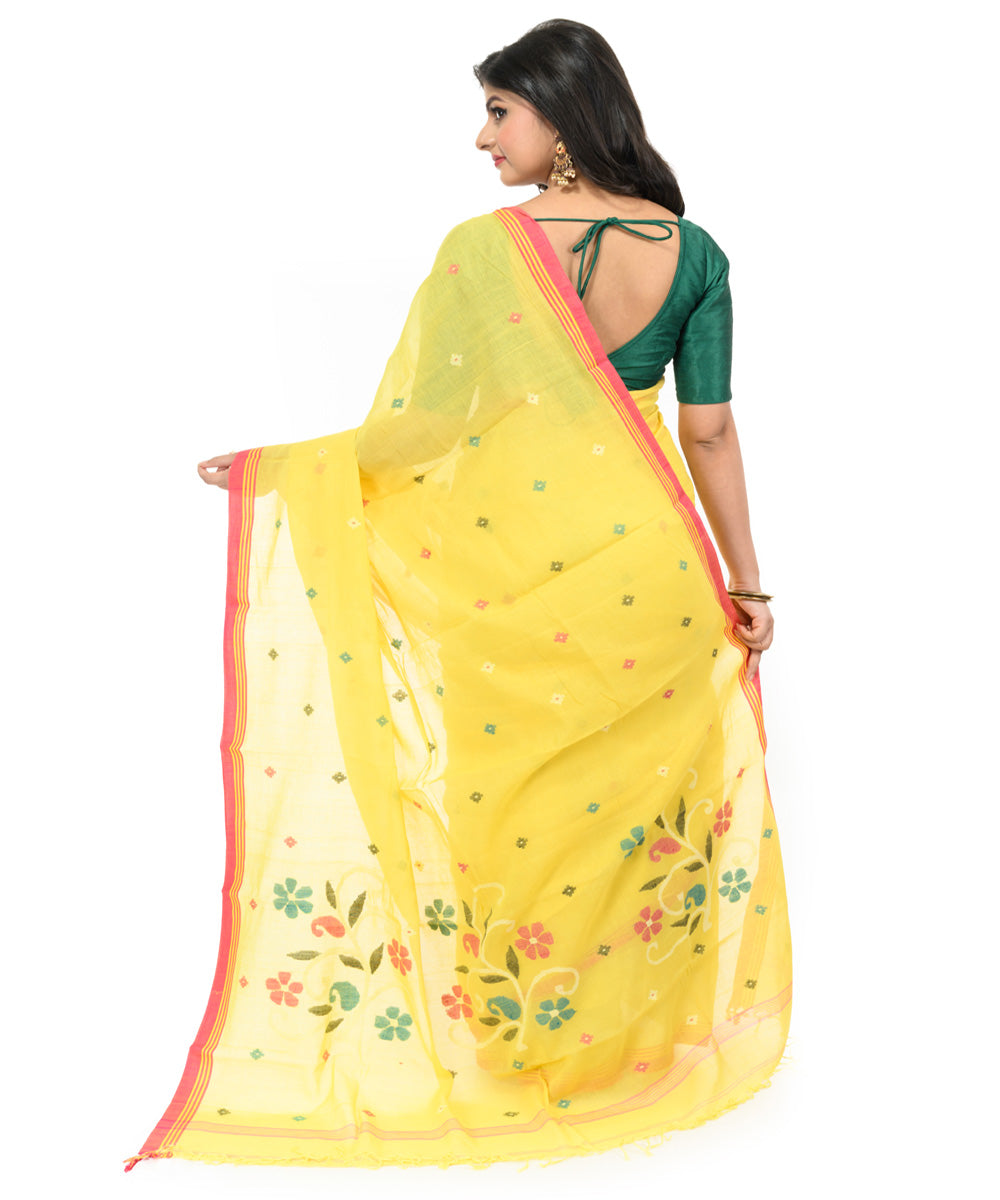 Yellow red hand woven bengal cotton saree
