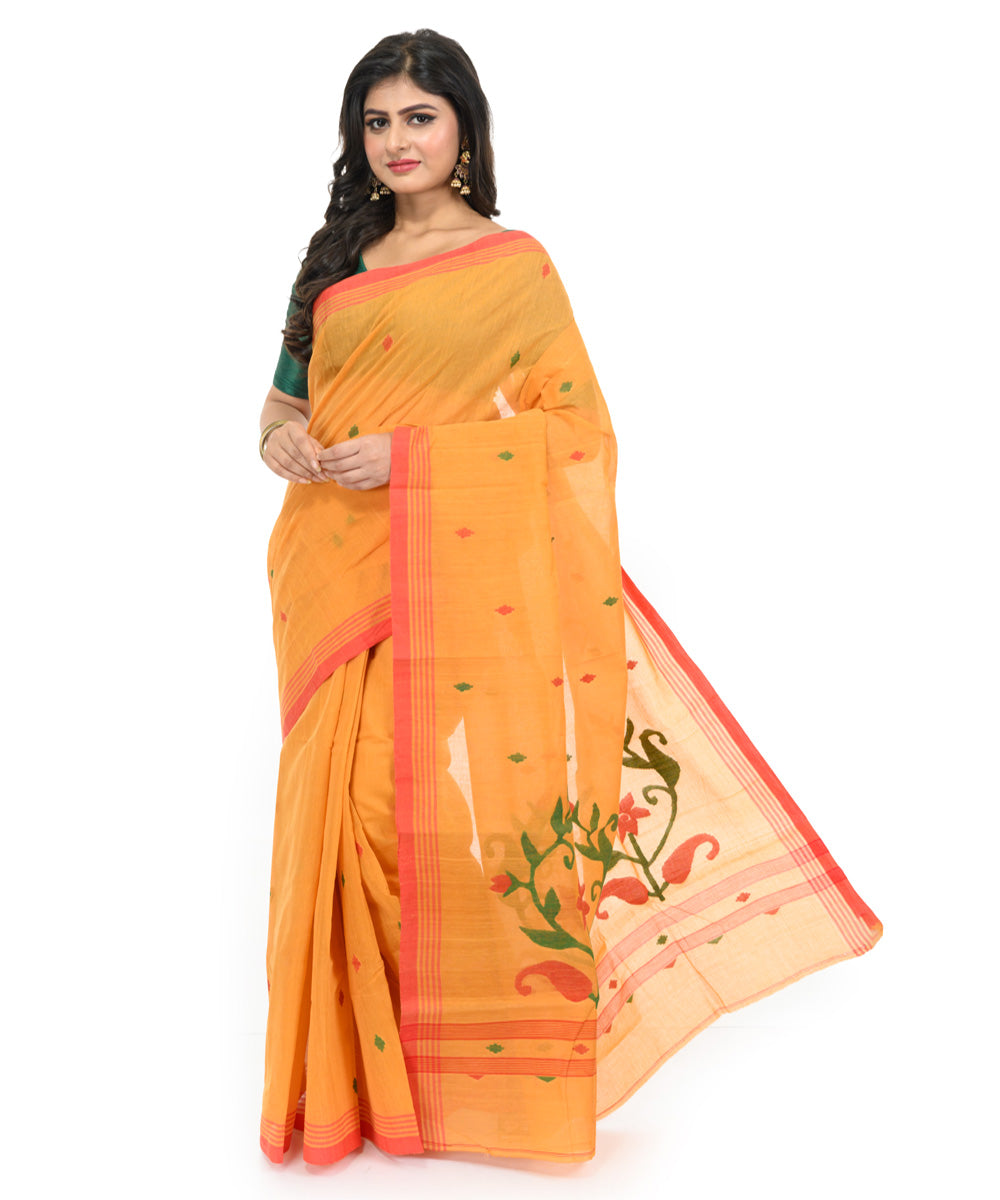 Mustard red handwoven bengal cotton saree