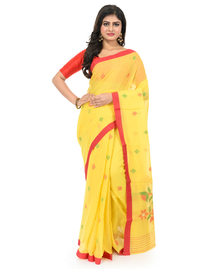 Yellow maroon handwoven bengal cotton saree
