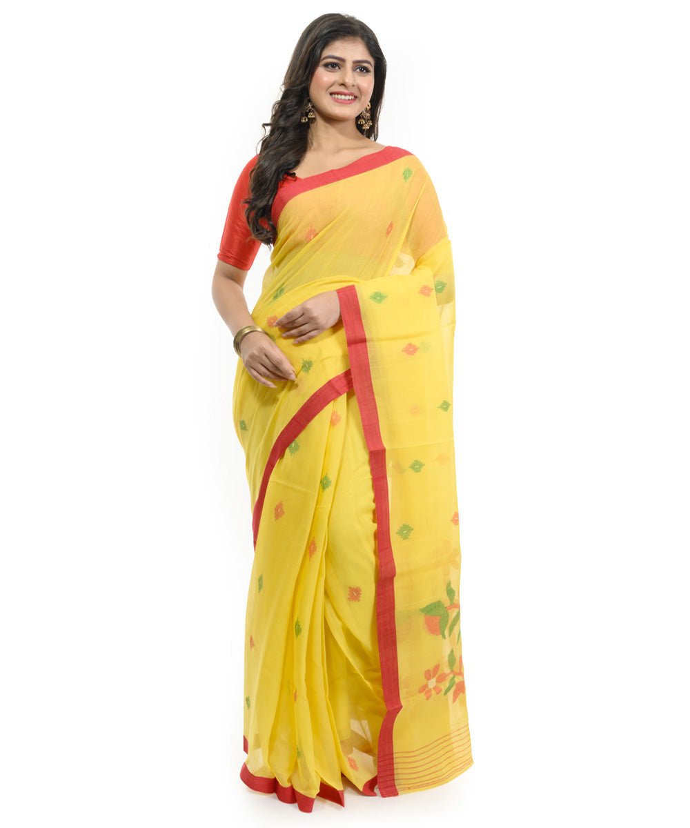 Yellow maroon handwoven bengal cotton saree