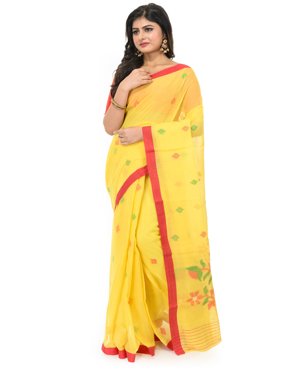 Yellow maroon handwoven bengal cotton saree