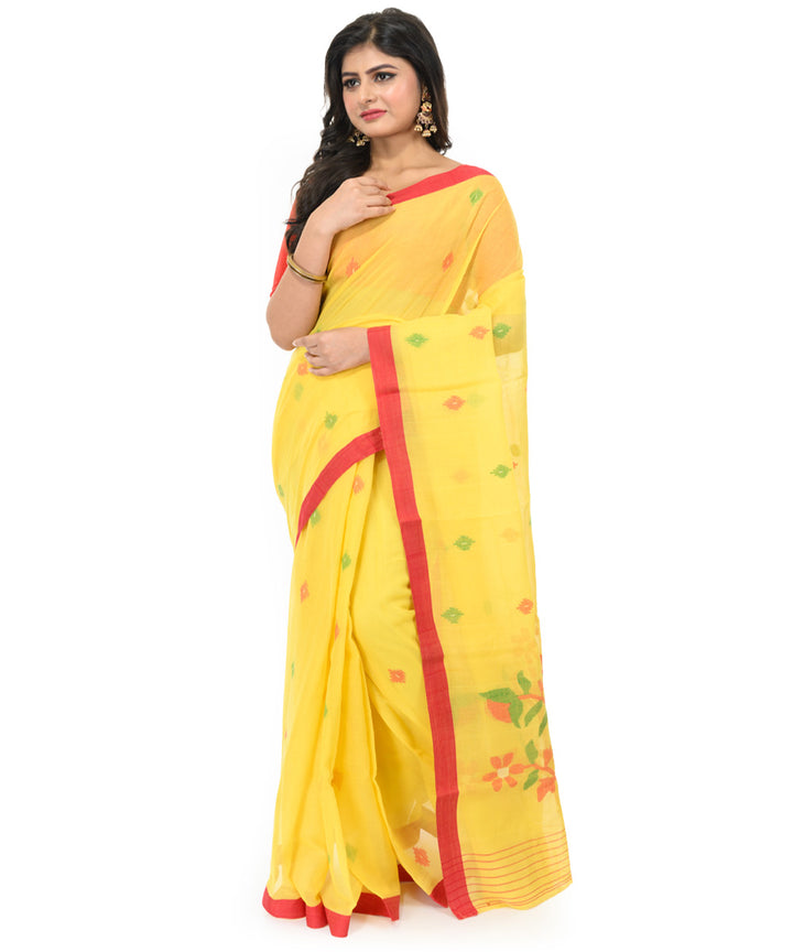 Yellow maroon handwoven bengal cotton saree