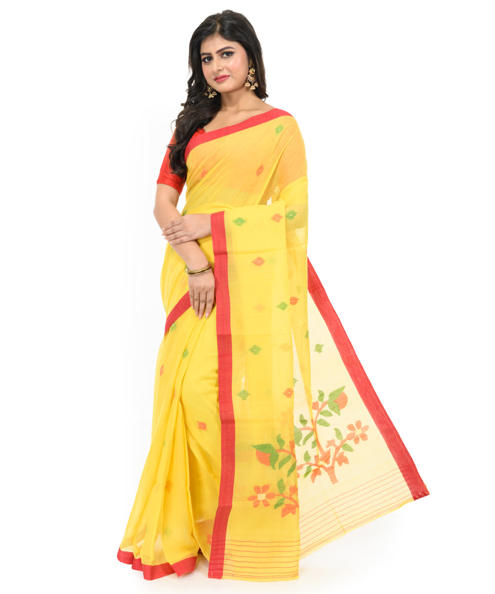 Yellow maroon handwoven bengal cotton saree