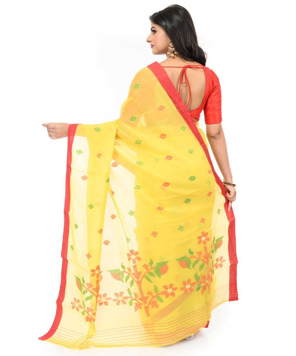 Yellow maroon handwoven bengal cotton saree