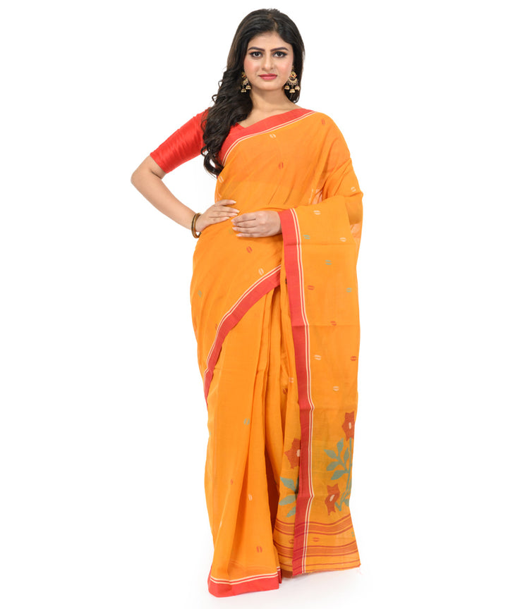 Mustard red hand woven bengal cotton saree