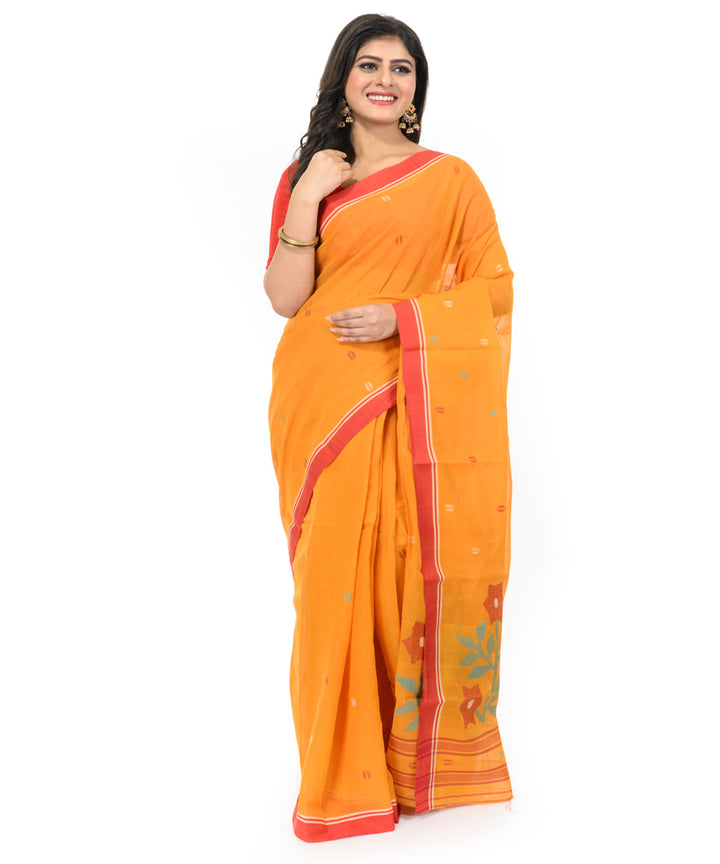 Mustard red hand woven bengal cotton saree