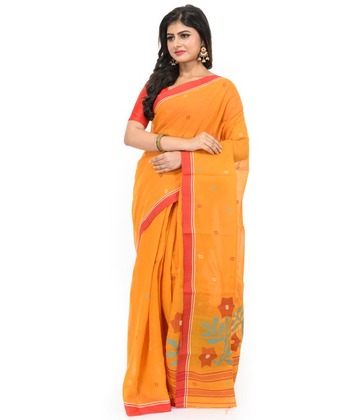 Mustard red hand woven bengal cotton saree