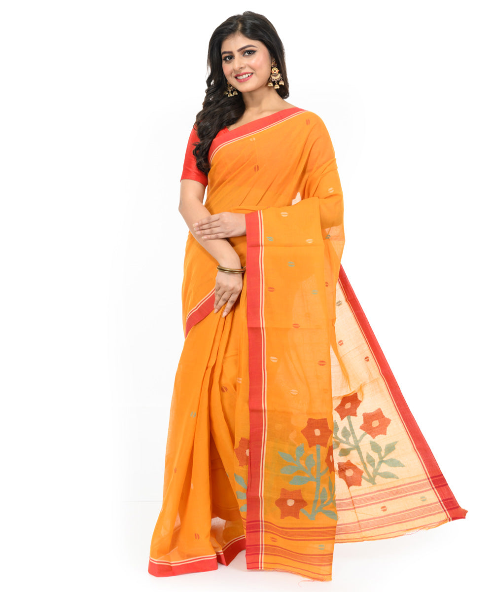 Mustard red hand woven bengal cotton saree