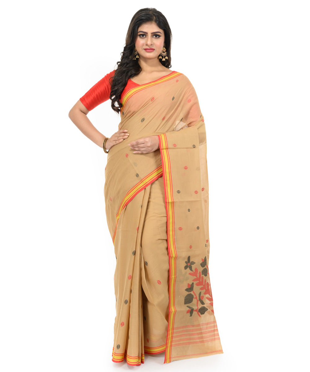 Beige yellow handwoven bengal cotton saree
