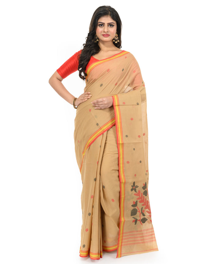 Beige yellow handwoven bengal cotton saree