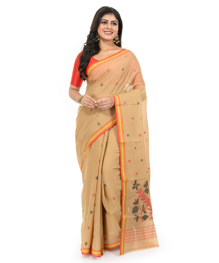 Beige yellow handwoven bengal cotton saree