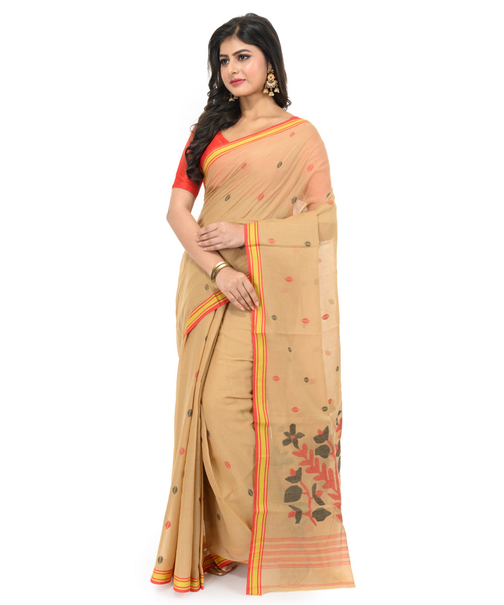 Beige yellow handwoven bengal cotton saree