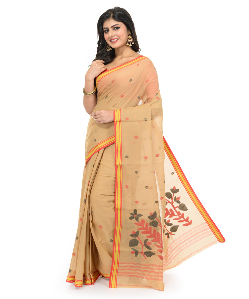 Beige yellow handwoven bengal cotton saree