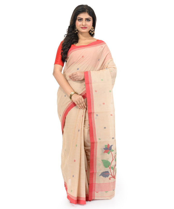 Beige red hand woven bengal cotton saree