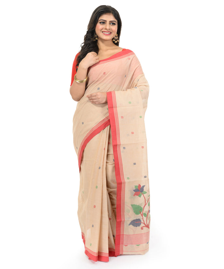 Beige red hand woven bengal cotton saree