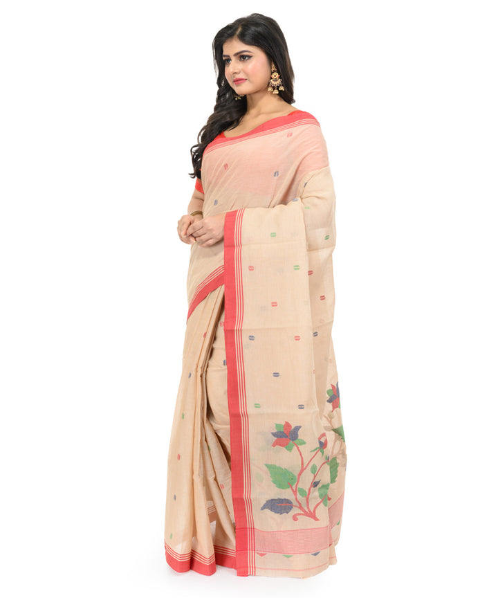 Beige red hand woven bengal cotton saree