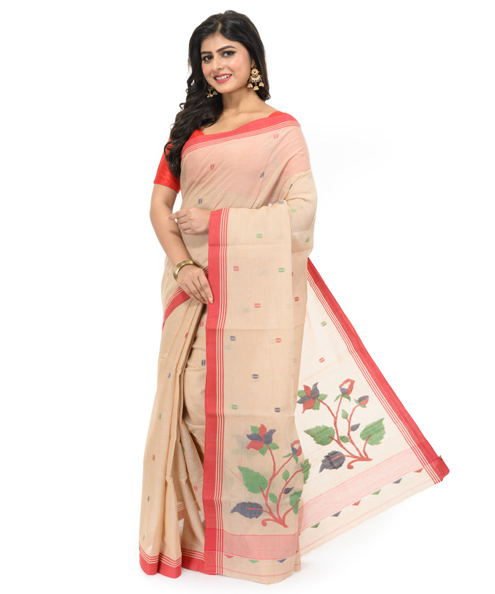 Beige red hand woven bengal cotton saree