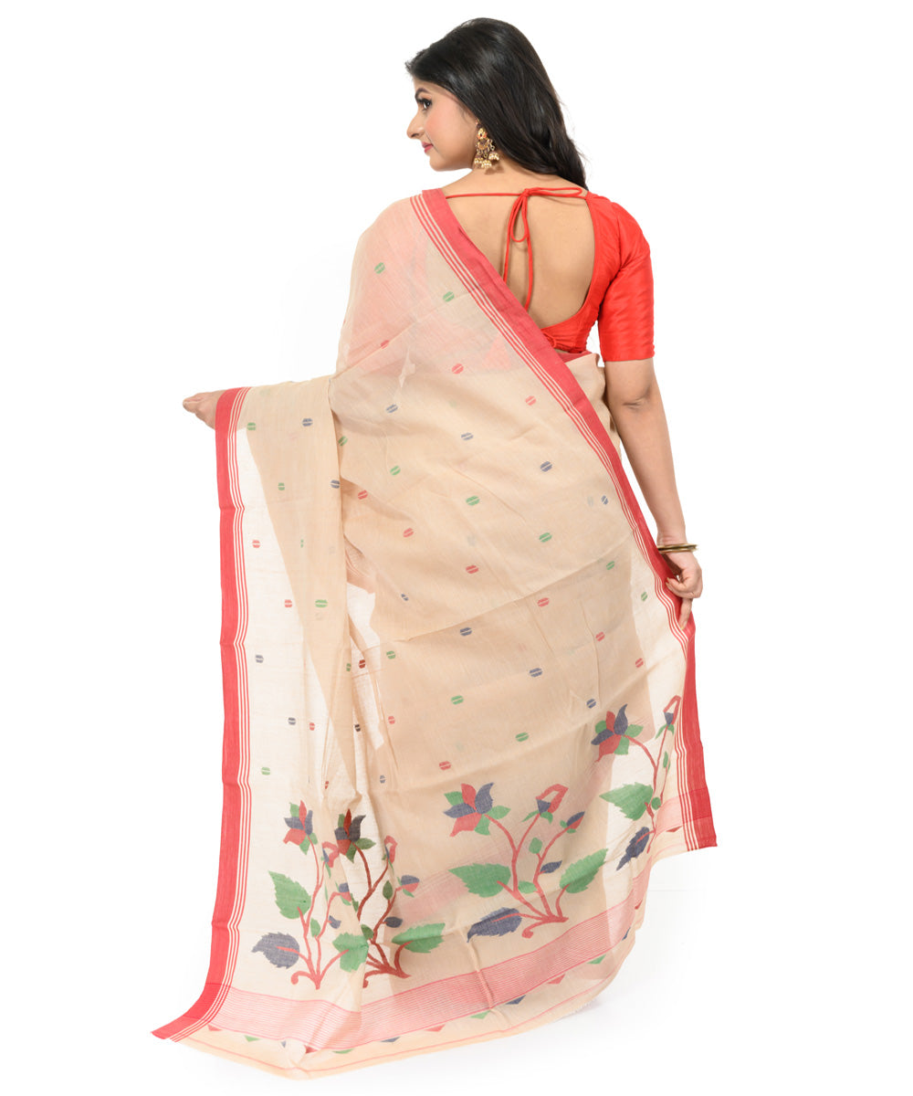 Beige red hand woven bengal cotton saree
