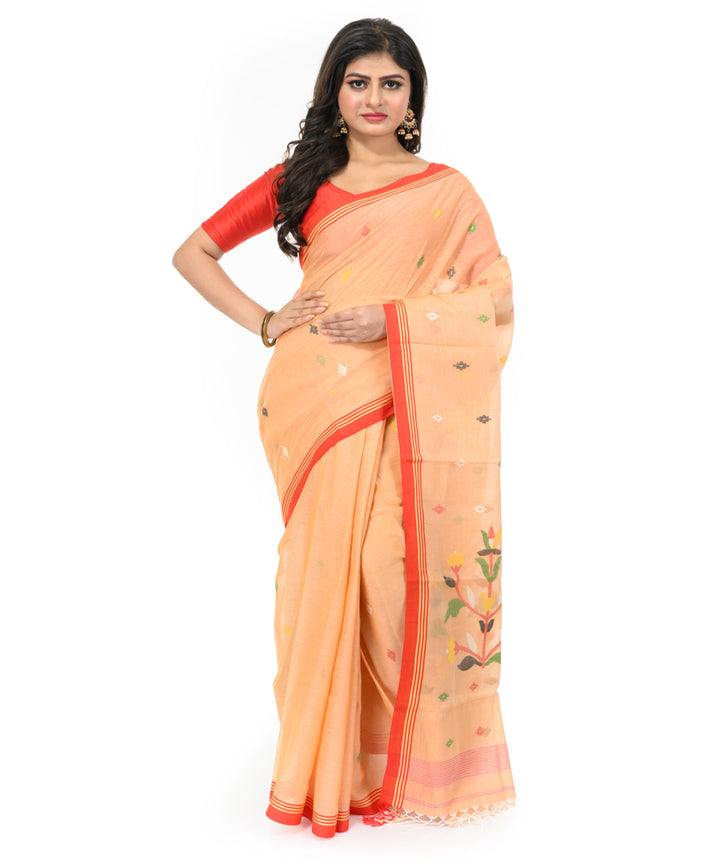 Brown red handwoven bengal cotton saree