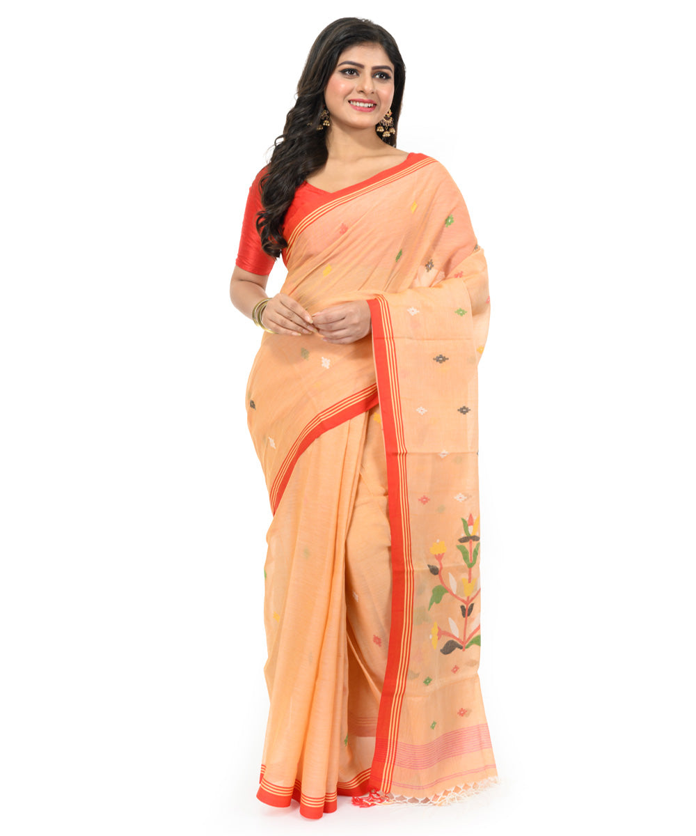 Brown red handwoven bengal cotton saree