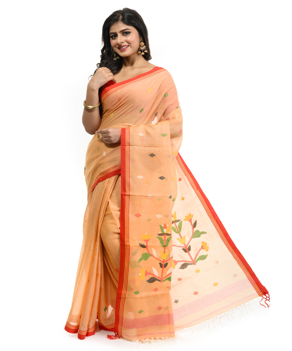 Brown red handwoven bengal cotton saree