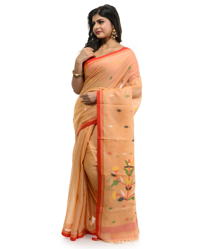 Brown red handwoven bengal cotton saree