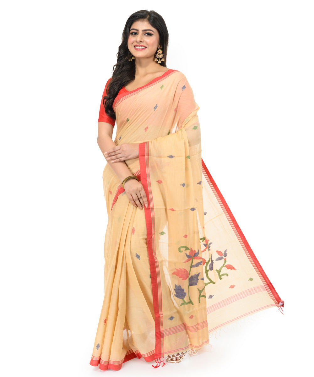 Brown red hand woven bengal cotton saree