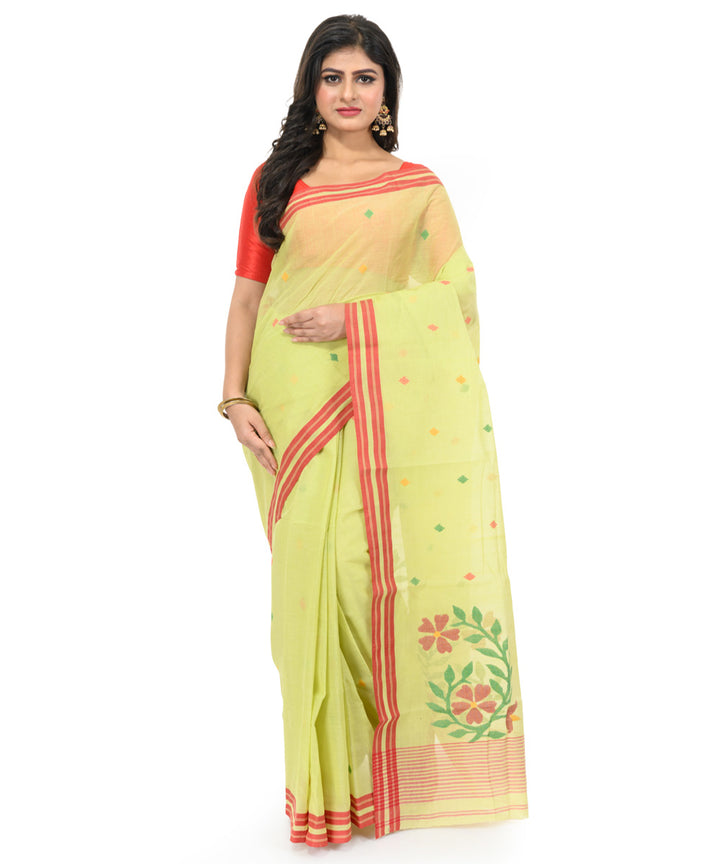 Light green red handwoven bengal cotton saree