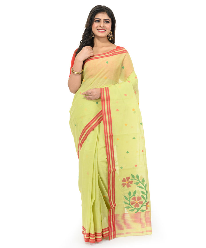 Light green red handwoven bengal cotton saree