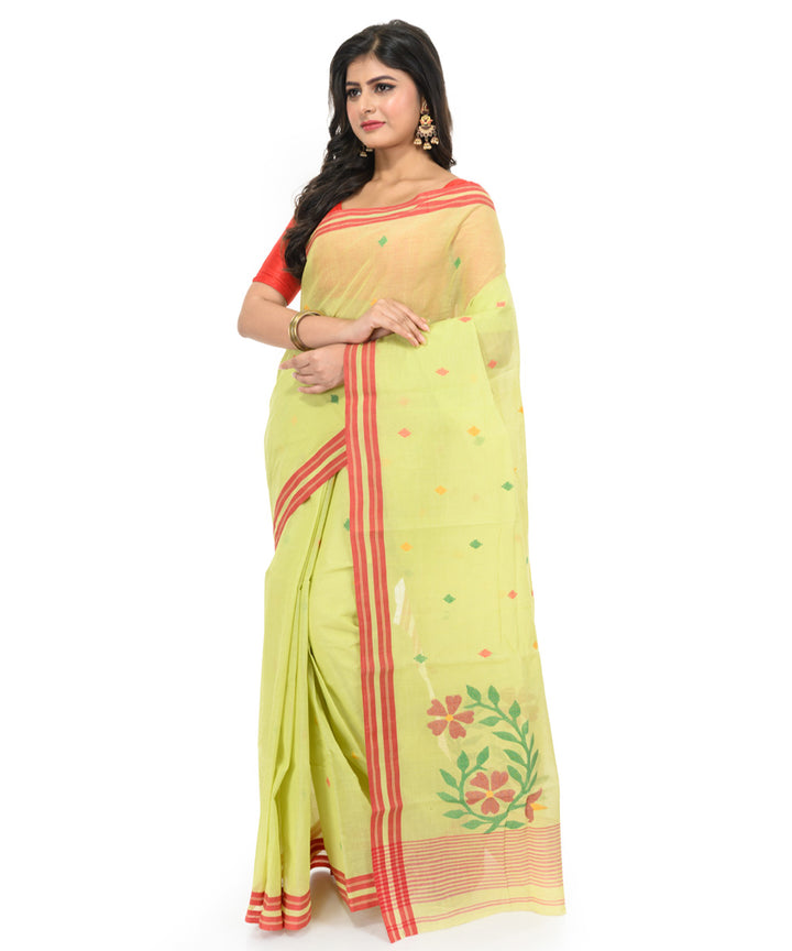 Light green red handwoven bengal cotton saree