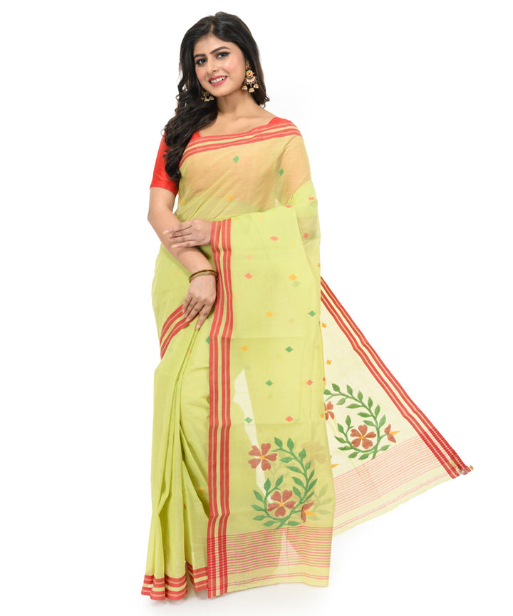 Light green red handwoven bengal cotton saree