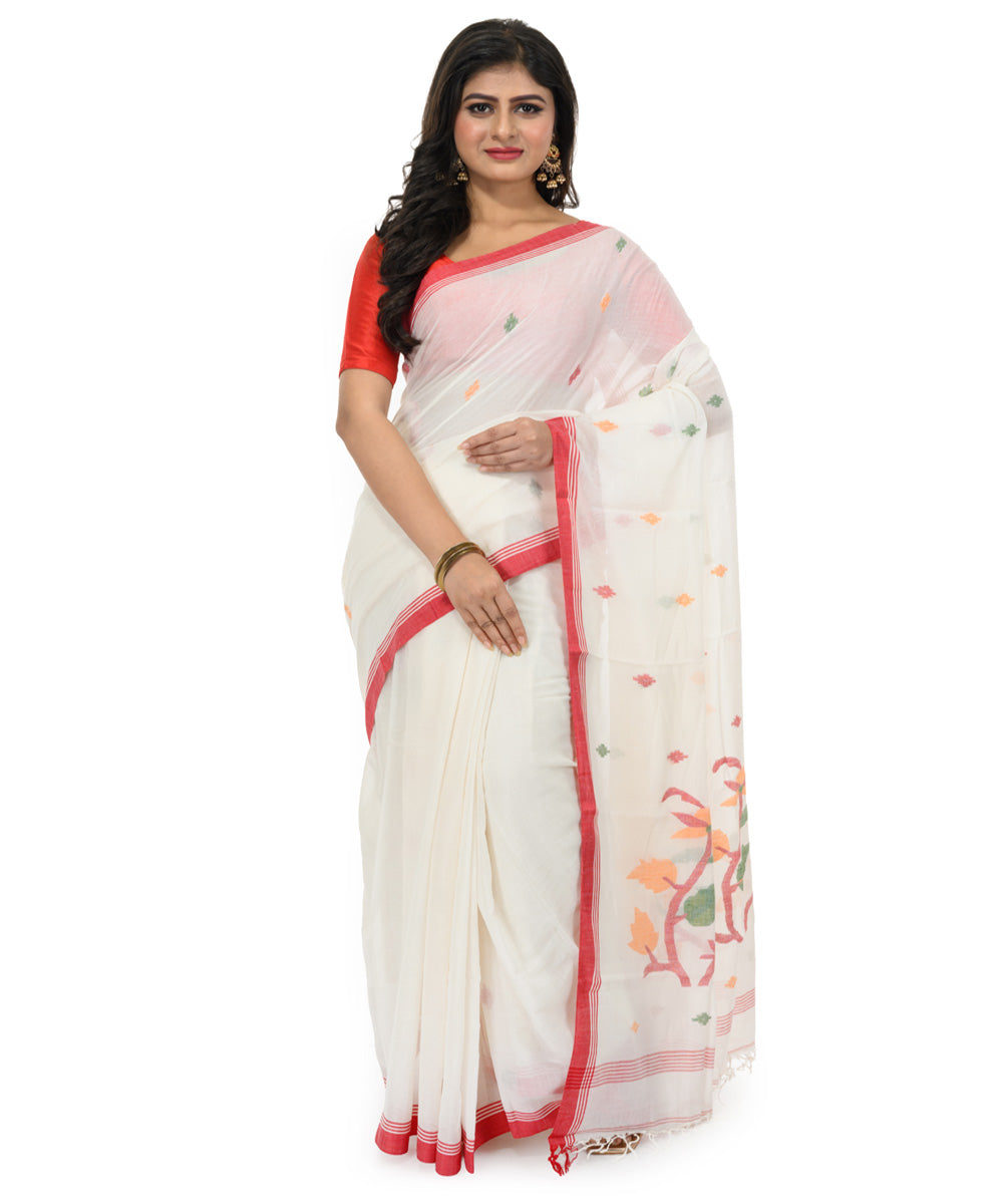 White maroon handwoven bengal cotton saree