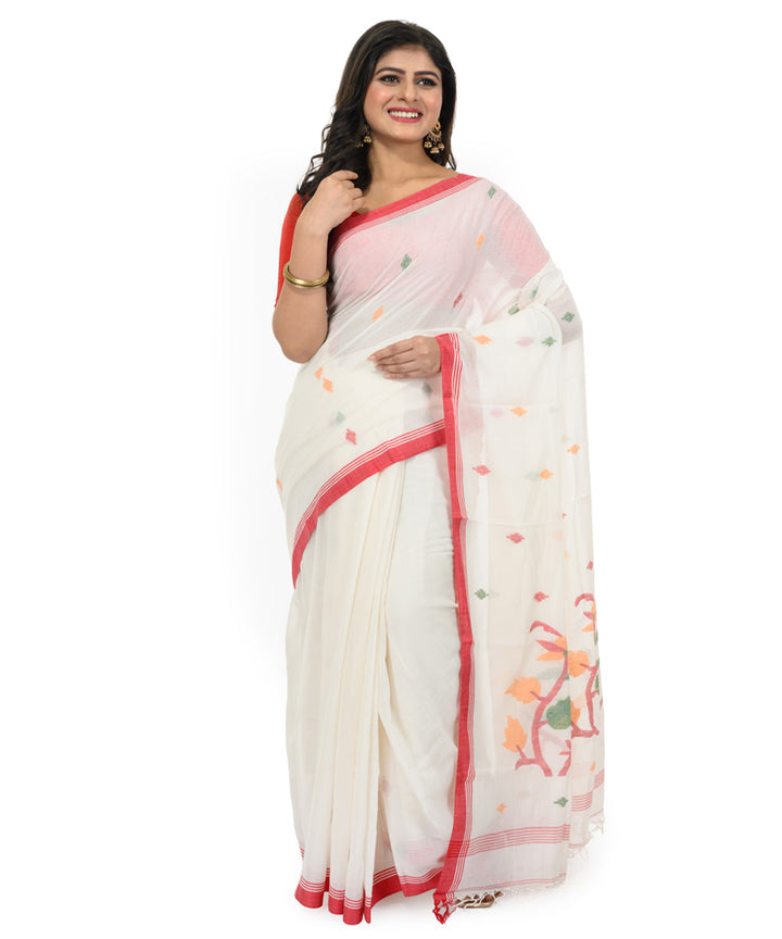 White maroon handwoven bengal cotton saree