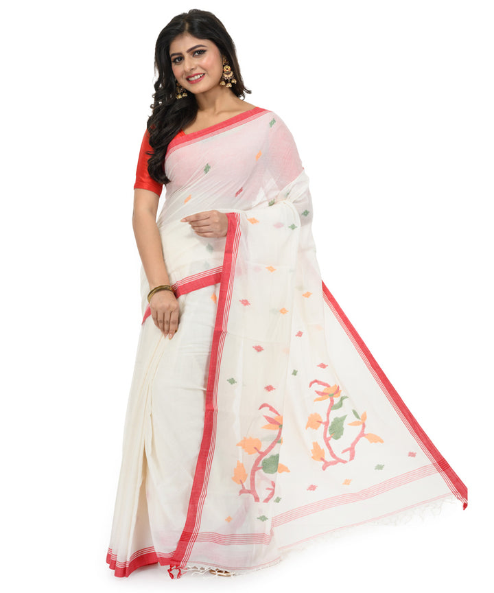 White maroon handwoven bengal cotton saree
