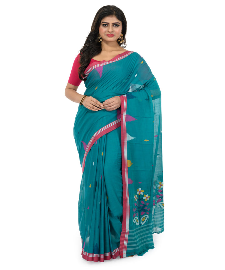 Turquoise handwoven bengal cotton saree